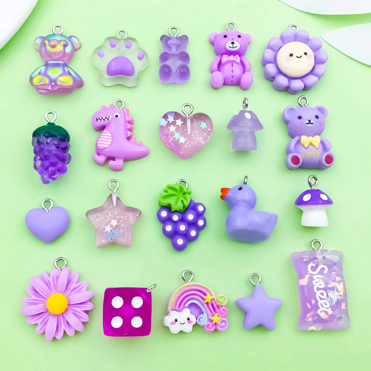 20pcs Purple Resin Charms, 3D Food, Animal, and Plant Pendants for DIY Bracelets Necklaces Earrings Jewelry Making Accessories