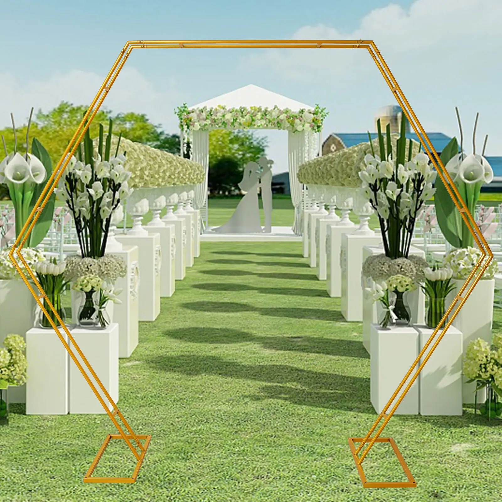 2.2M Large Golden Heavy Duty Metal Wedding Arch Hexagon Backdrop Stand Flower Balloon Arch Frame Decor