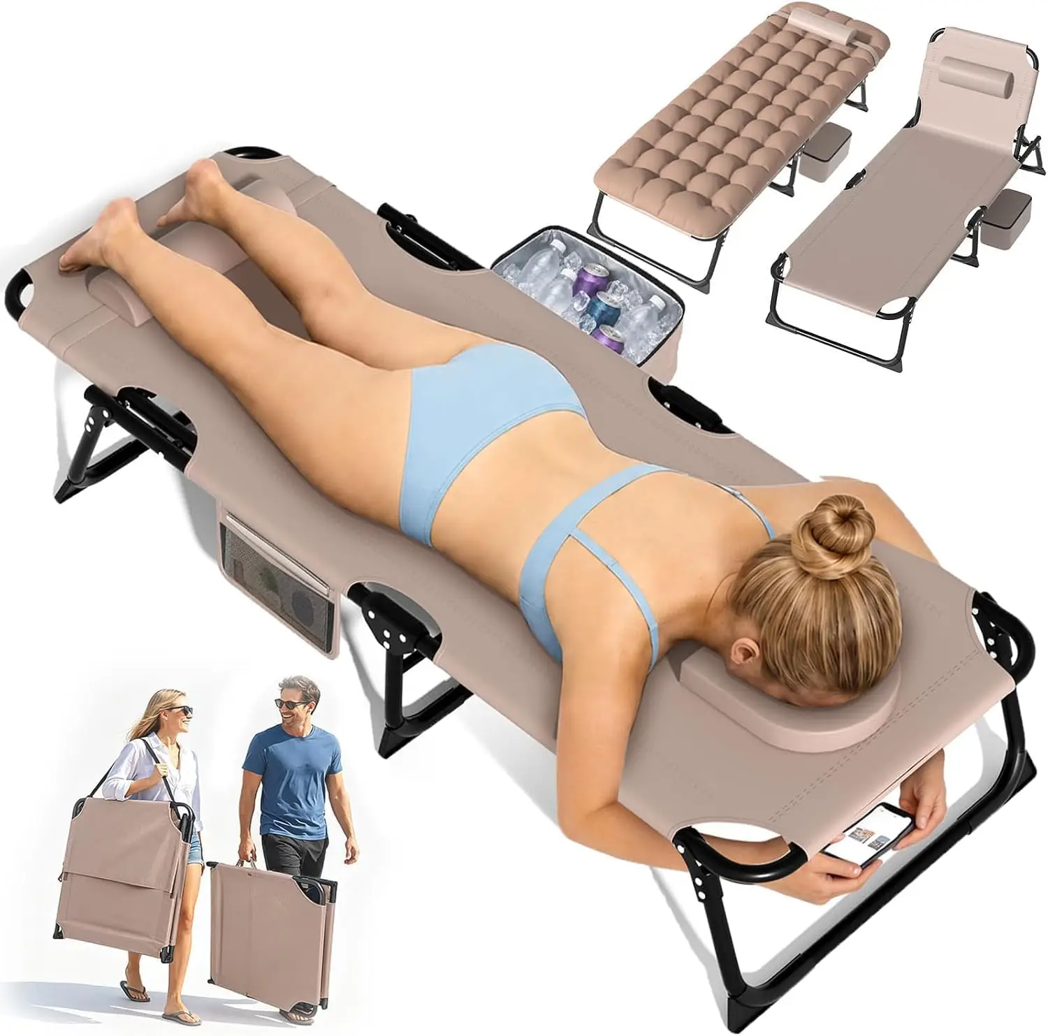 Tanning Chair With Face Hole Folding Beach Lounge Chair Beige Adjustable 5 Position Reclining Chaise Removable Cushion Pillow Cooler Bag Heavy Duty Portable Recliner For Outdoor Camping Home Patio
