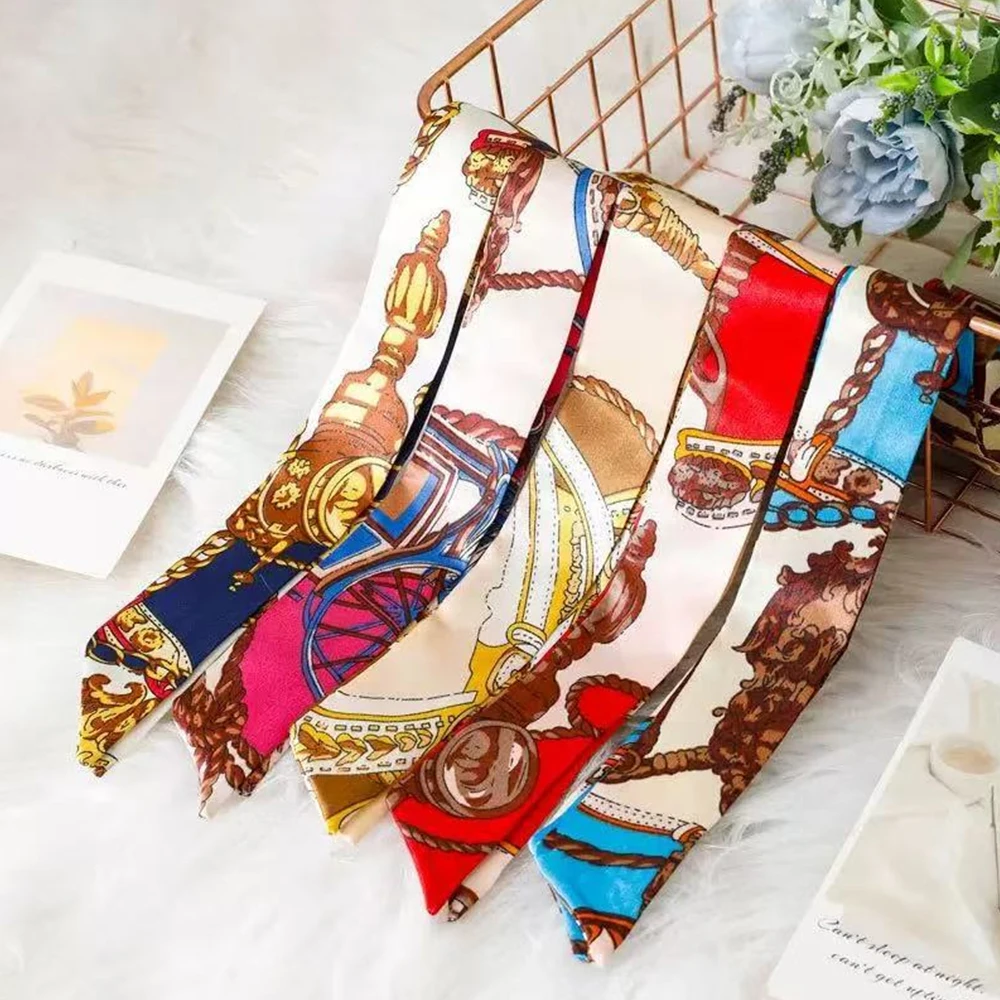 

1PCS New Print Flower Small Scarf for Women Handle Bag Ribbons Brand Fashion Head Scarf Small Long Skinny Scarves Headbands