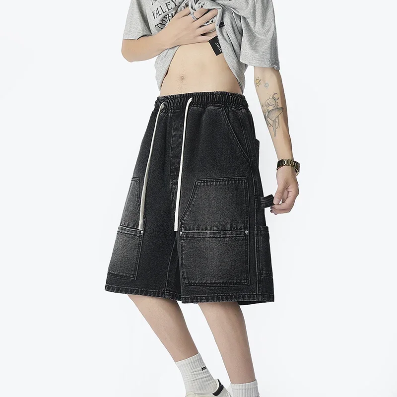 อเมริกันแฟชั่น Street Workwear กางเกงยีนส์กางเกงขาสั้นฤดูร้อนบางหลวมสบายๆห้ากางเกง Harajuku สไตล์ Rivet กางเกงขาสั้น Hip-Hop