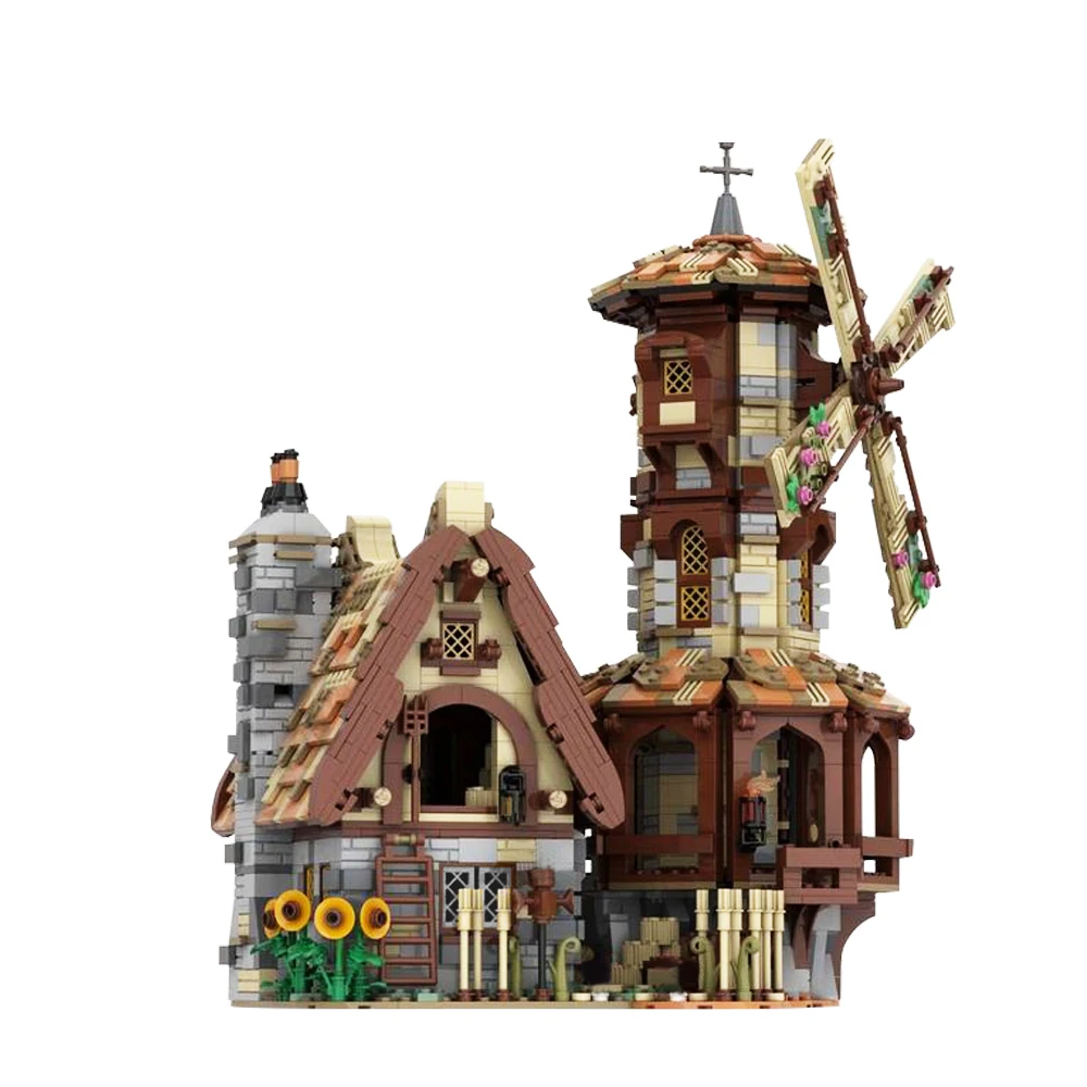 

Gobricks MOC The Medieval Windmill City Town Street View Retro Cabin House Horse Blocks Model Building Toys Bricks For Kids