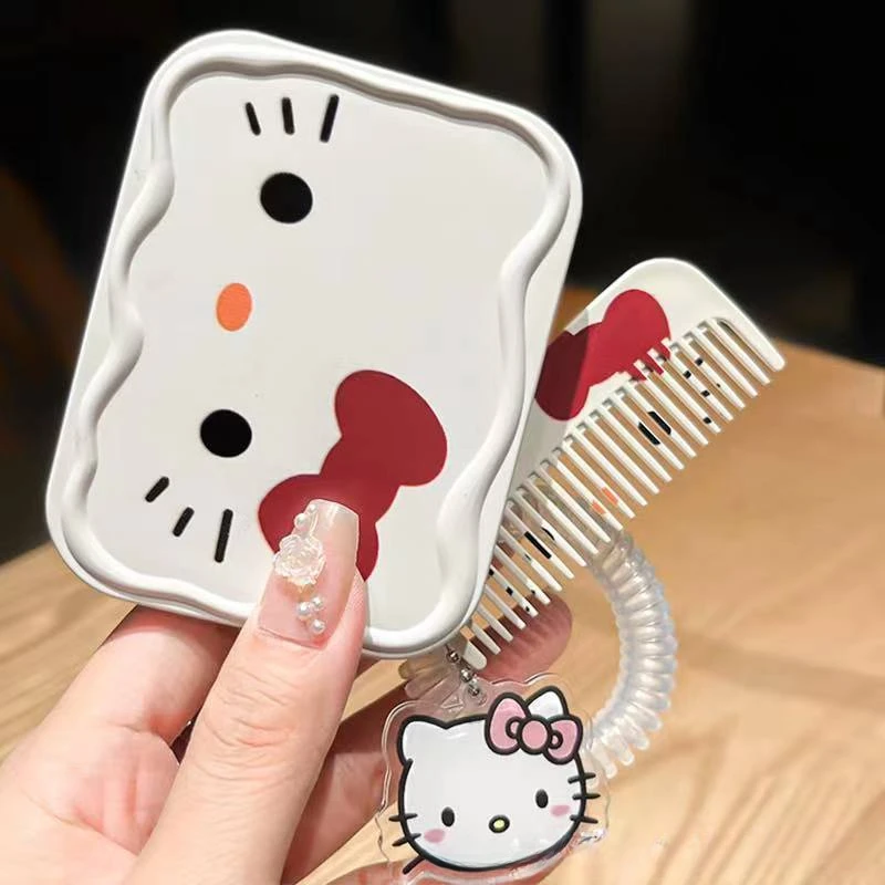 Ensemble de petits miroirs pliants portables Sanurgente Hello Kitty, miroir cosmétique pour classe, miroir de poche et peigne, cadeau tout-en-un pour filles, nouveau