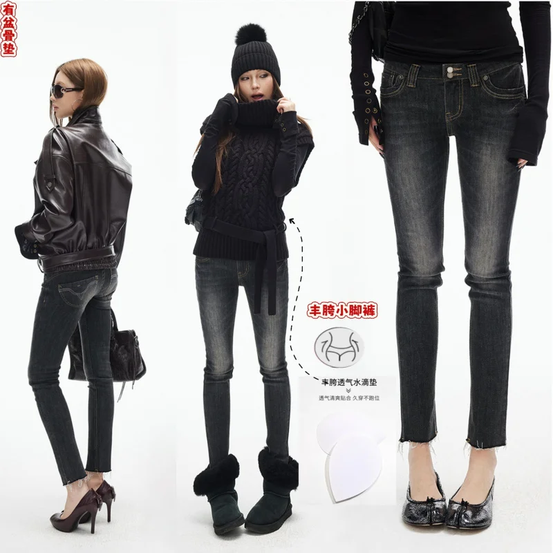 

Black embroidered stretch denim women's autumn vintage washed street style double-button slim-fit skinny pants with built-in hip