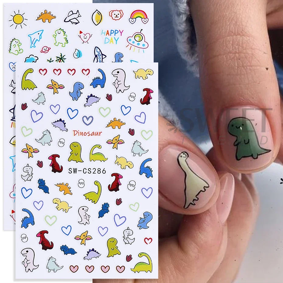 2 pezzi adesivi per nail art dinosauro cartone animato 3D graffiti simpatico dinosauro cane fiore amore design decalcomanie per unghie cursori decorazione manicure fai da te