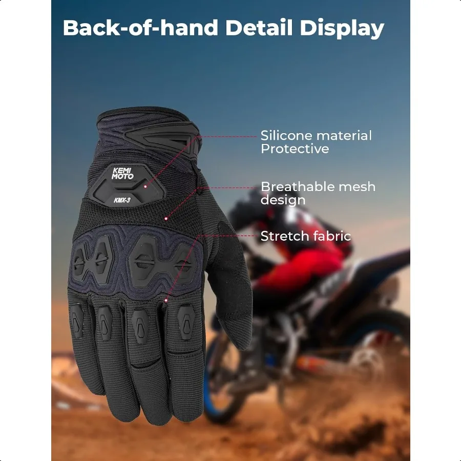 ถุงมือมอเตอร์ไซค์สำหรับผู้ชาย ถุงมือขี่มอเตอร์ไซค์แบบสัมผัสหน้าจอ พร้อมซิลิโคนป้องกัน สำหรับกีฬากลางแจ้ง ขับขี่บนถนนและนอกถนน มอเตอร์ครอส