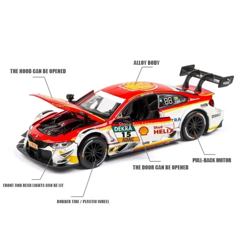 Maßstab 1:32 BMW M4 Auto-Spielzeugmodell, Druckguss-Legierung, Rennwagen, 3 Türen geöffnet, Ton, Licht, Rückziehfahrzeug, Sammlerstück für Jungen, Geschenke