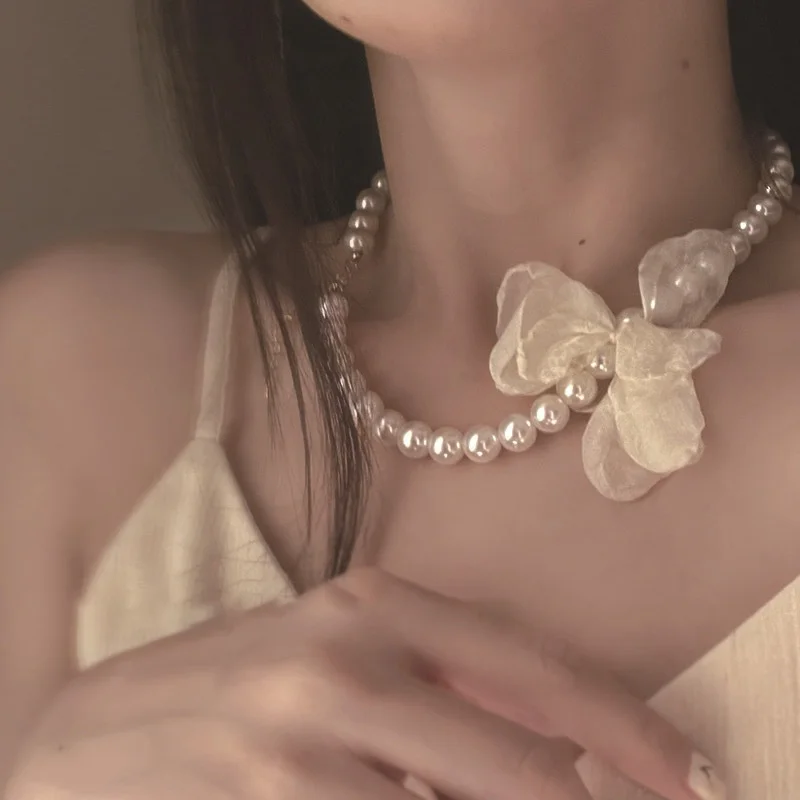 Trend Wedding Party Jewelry Long White Ribbon Choker Necklace For Women Elegant Imitation Pearl Beach Vacation Necklaces
