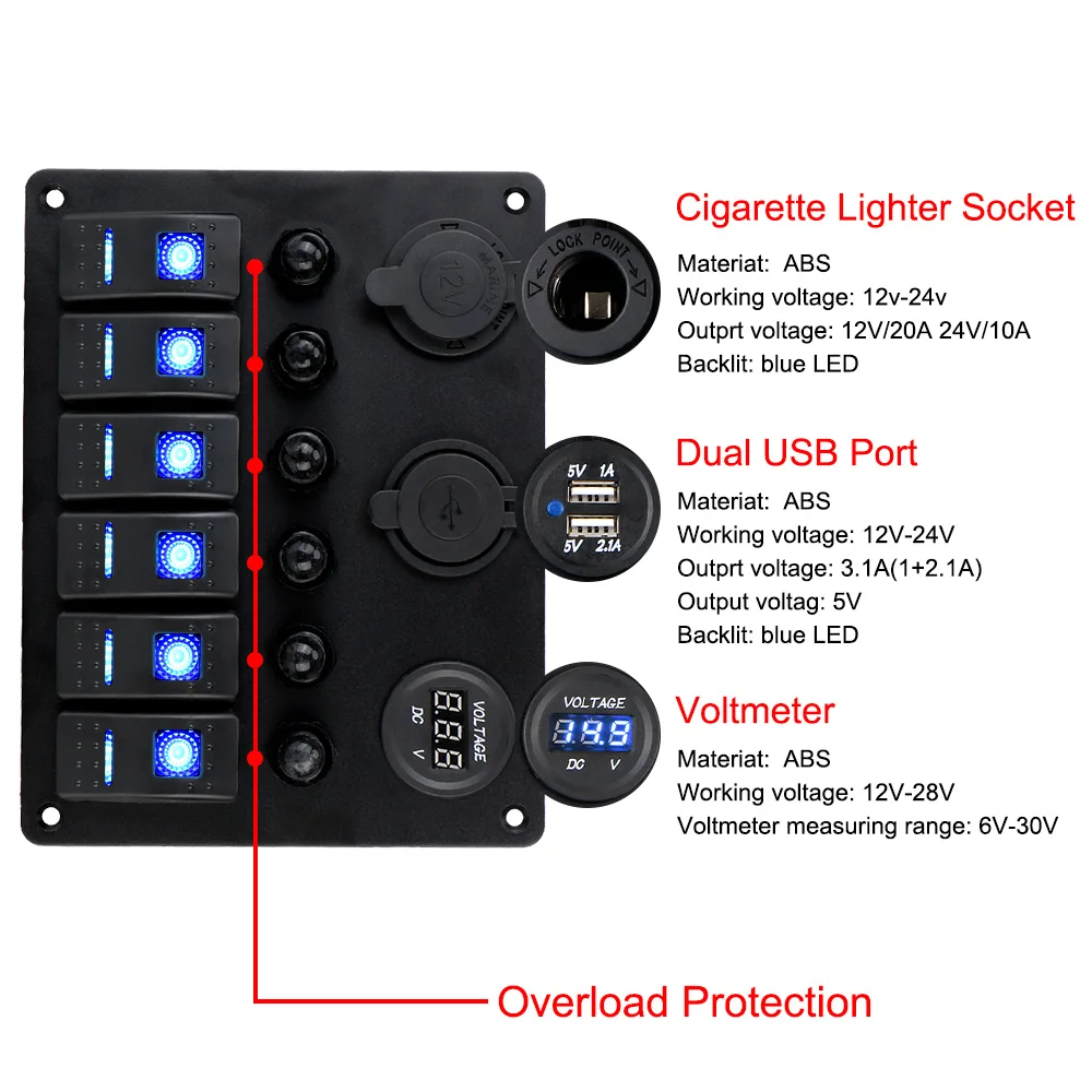 DC 12V/24V Dual USB Ports Digital Voltmeter Aluminum Panel Car Marine Boat Circuit LED Breaker 6 Gang Rocker Switch Panel