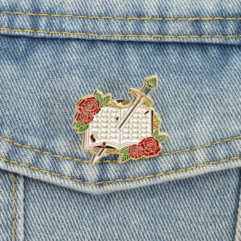 Emaille-Anstecknadeln mit Fantasy-Motiv, Bücher-Blumen-Schwert-Broschen, Anstecknadeln, Vintage-inspirierter Schmuck, Geschenk für Leserfreunde