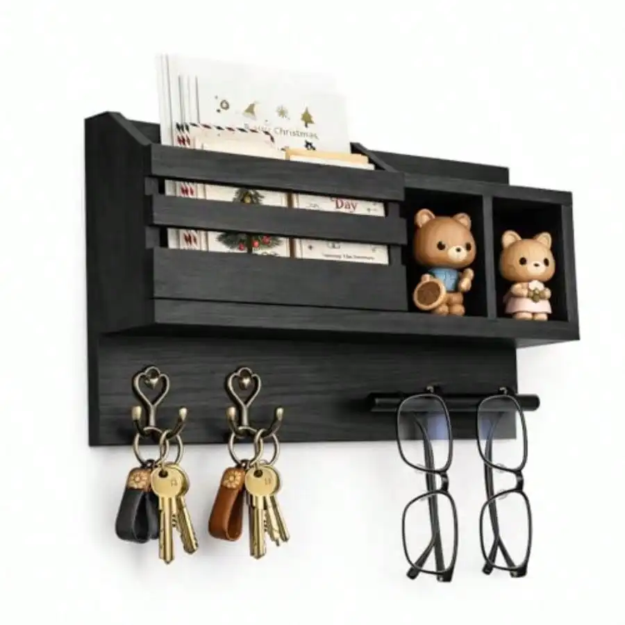 

Key And Mail Holder Wall Mount Wooden Entryway Organizer With 2 Hooks And Shelf Compact Key Rack For Wall With Mail Organizer And Sunes Bar Black Finish For Mudroom Hallway Decor