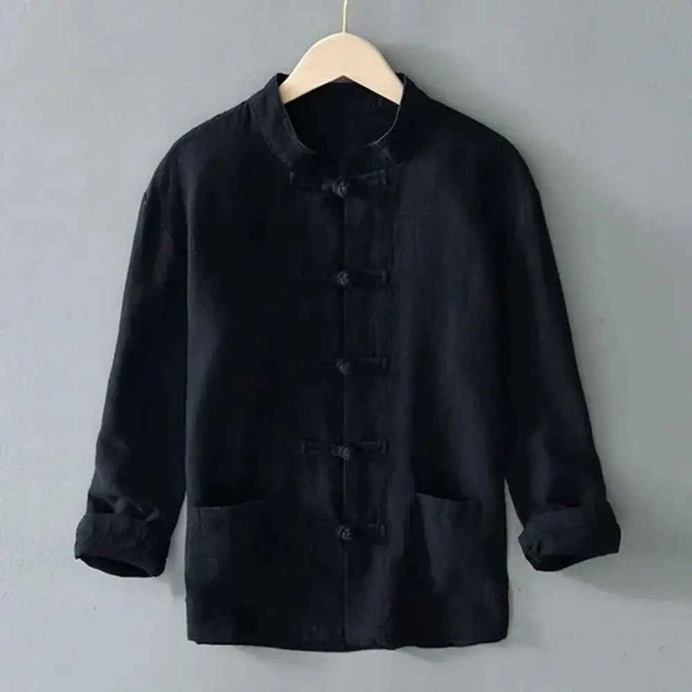 Button-up Stand Collar Shirt Chinese Style Men's Stand Collar Cardigan Shirt with Knot Button Detail Traditional Hanfu for Mid