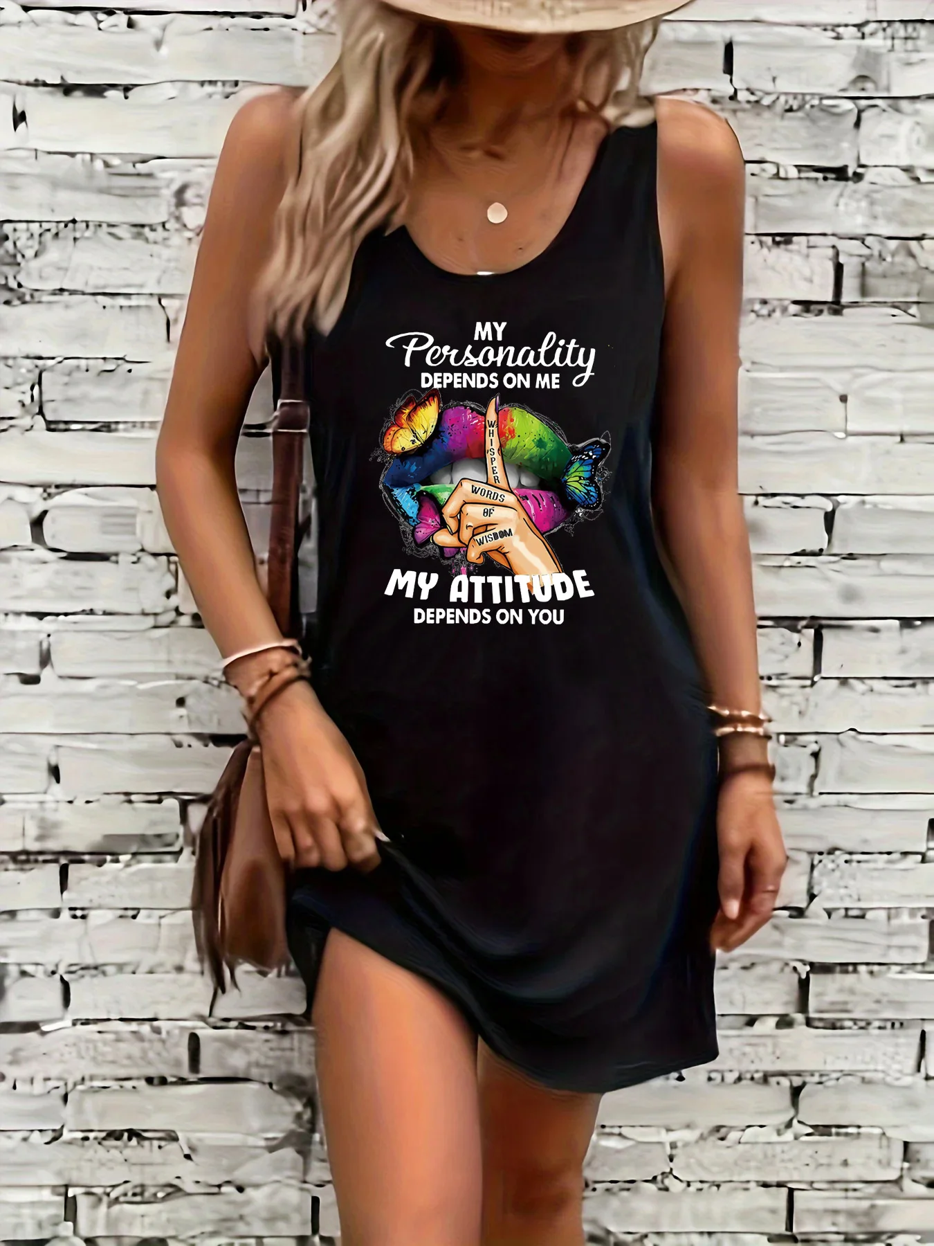 Women's Summer Loose and Comfortable Casual Butterfly Lip Print Letter Print Black Sleeveless Vest Skirt Punk Style Dress