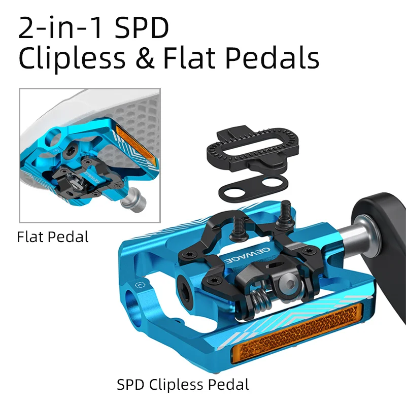 2-in-1 SPD Clipless & Flat Pedals Ultra-Light Aluminum Alloy Sealed Bearing Dual Purpose Mountain Bike Pedals with Reflectors