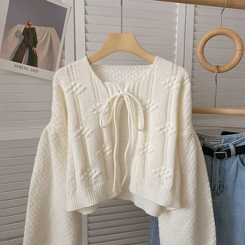 Women Cardigan Korean Style Knitted Cardigan with Lace-Up Casual Loose Ladies Sweater Jackets All-Matched Apricot Ladies Tops