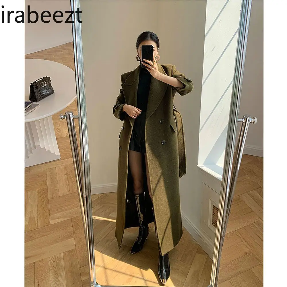 

French Niche Design Sense Hebenben Style Wide Shoulder Profile Strap Waist Winter Jacket Women 2024 New Model Long Coat Women