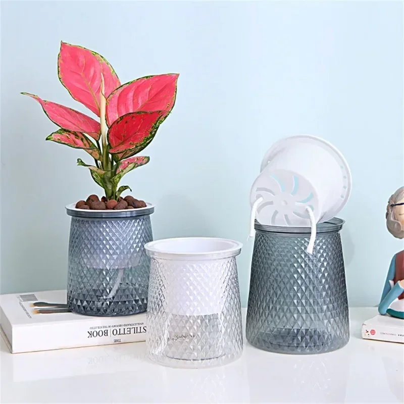 Double-layer Self Watering Plant Pot Transparent Plastic Flower Vase Automatic Lazy Potted Flower Pot Hydroponic Flowerpot Decor