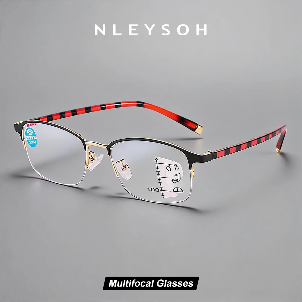 NLEYSOH Half Rim Metal Multifocal Progressive Reading Glasses for Men Women, Anti Blue Light Eyeglasses +1.00~+4.00 Diopters