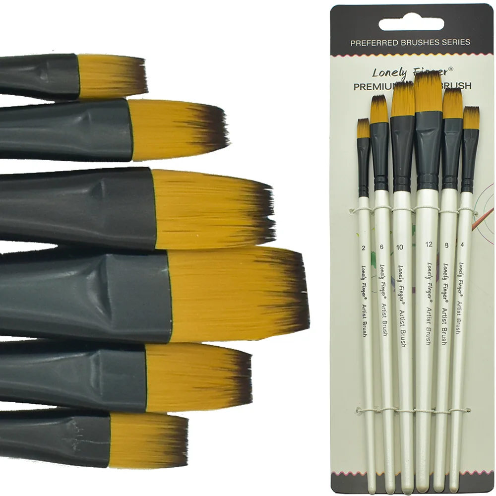 

6pcs Art Paint Brush Set Nylon Flat Paint Brush White Handle Easy to Control for Watercolor Oil Acrylic Painting
