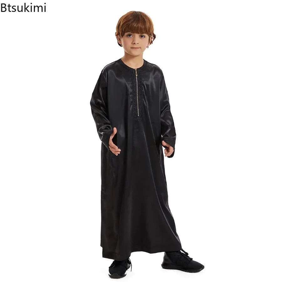 Boys Muslim Robe Middle East Arabic Long Sleeve O-neck Zipper Abayas with Pockets Embroidered Kaftan Kids Islamic Clothing Dress