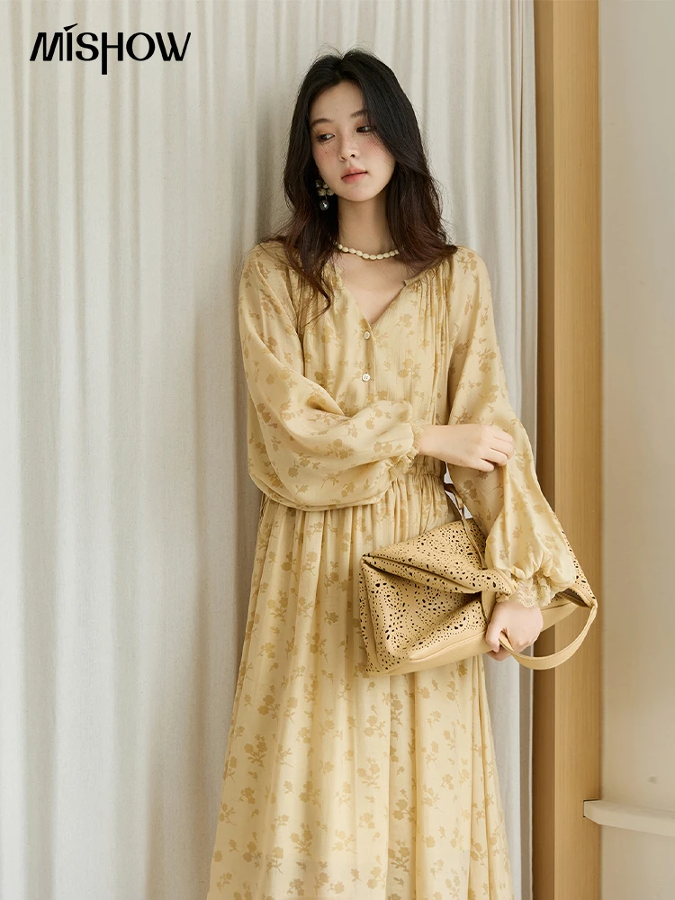 MISHOW Geel Afdrukken Jurk voor Vrouw 2025 Herfst Elegante Kant Lantaarn Mouw Taille Slanke Lange Jurk V-hals Jurk MXE47L2527