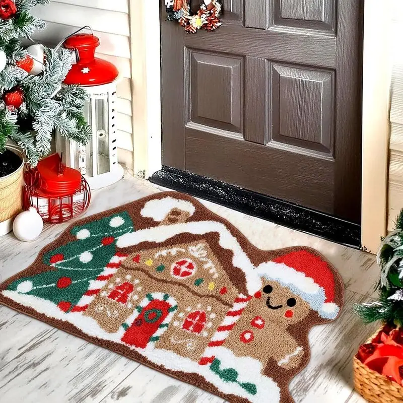 VIKAMA Christmas Gingerbread House Doormat Holiday Bath Rug Green Red Brown Irregular Non Slip Absorbent Bathroom Kitchen Mat
