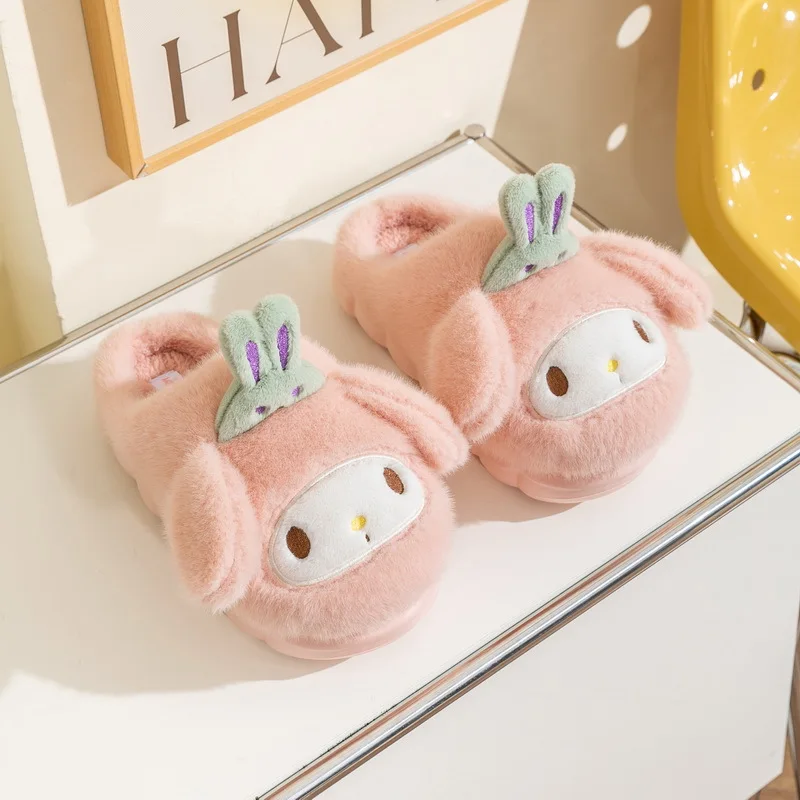 Genuine Sanrio Hello Kitty Plush Slippers Kuromi My Melody Warm Winter Indoor Slippers Flat Casual Non-slip Girl Home Shoes