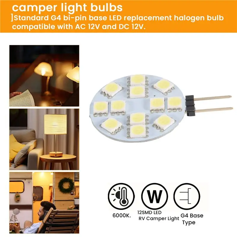 TFTP-12PCS G4 Puck Lights LED Bulbs Side Pin Base Round G4 5050 12SMD LED RV Camper Light Home Reading Light