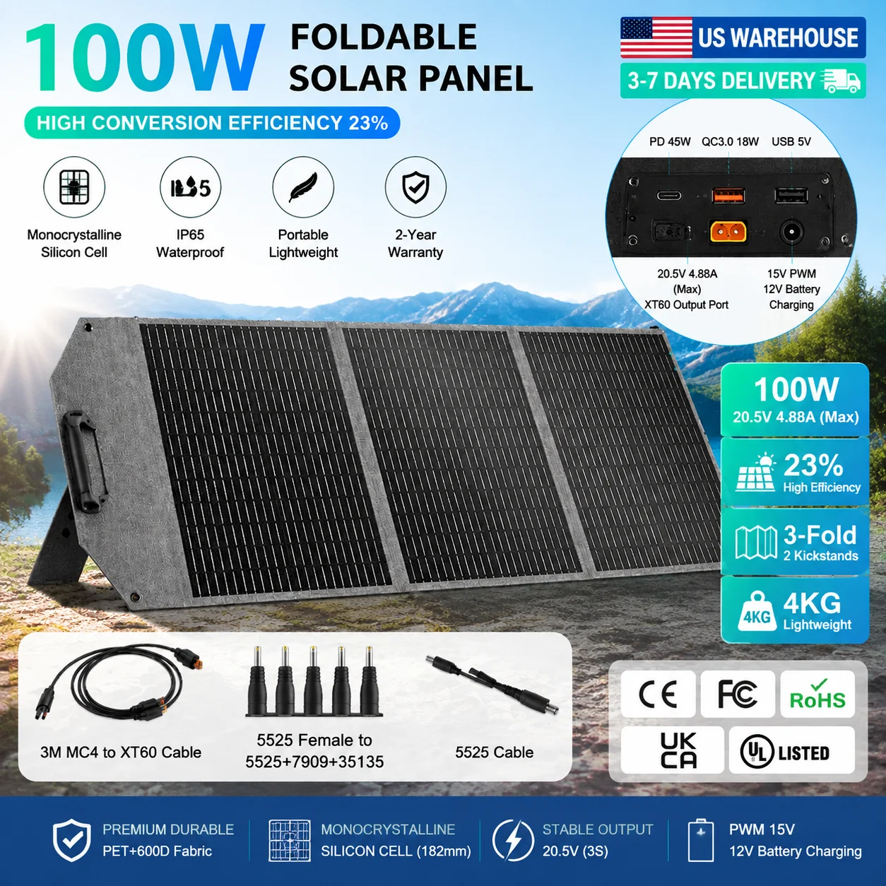 100W Foldable Solar Panel Portable Solar Charger for Camping RV Outdoor Power Station Generator MC4 USB-C PD Fast Charging