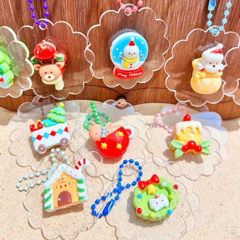 Christmas Cartoon Resin Pendant Keychains Snowman Santa Claus Christmas Tree Gingerbread House Backpack Handbag Holiday Gift
