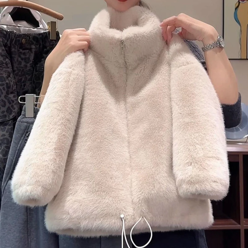 1pc Kids Faux Fur Warm Jacket Girls Babys Stand Collar Long Sleeves Coat Teenagers Fashion Soft Comfortable Thicken Thermal Tops