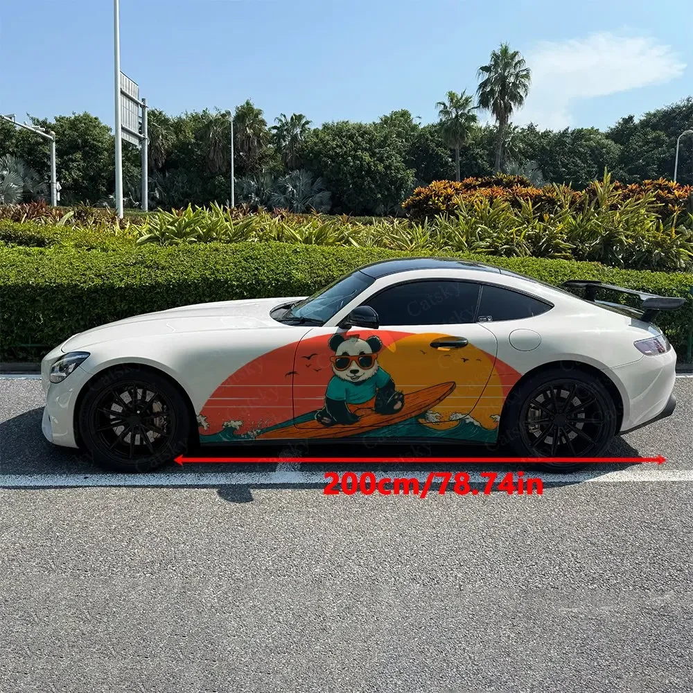 2pcs Panda In Surfing Stickers Car Body Door Side Two Fashionable Stickers Two Decorations Car Vinyl Wraps