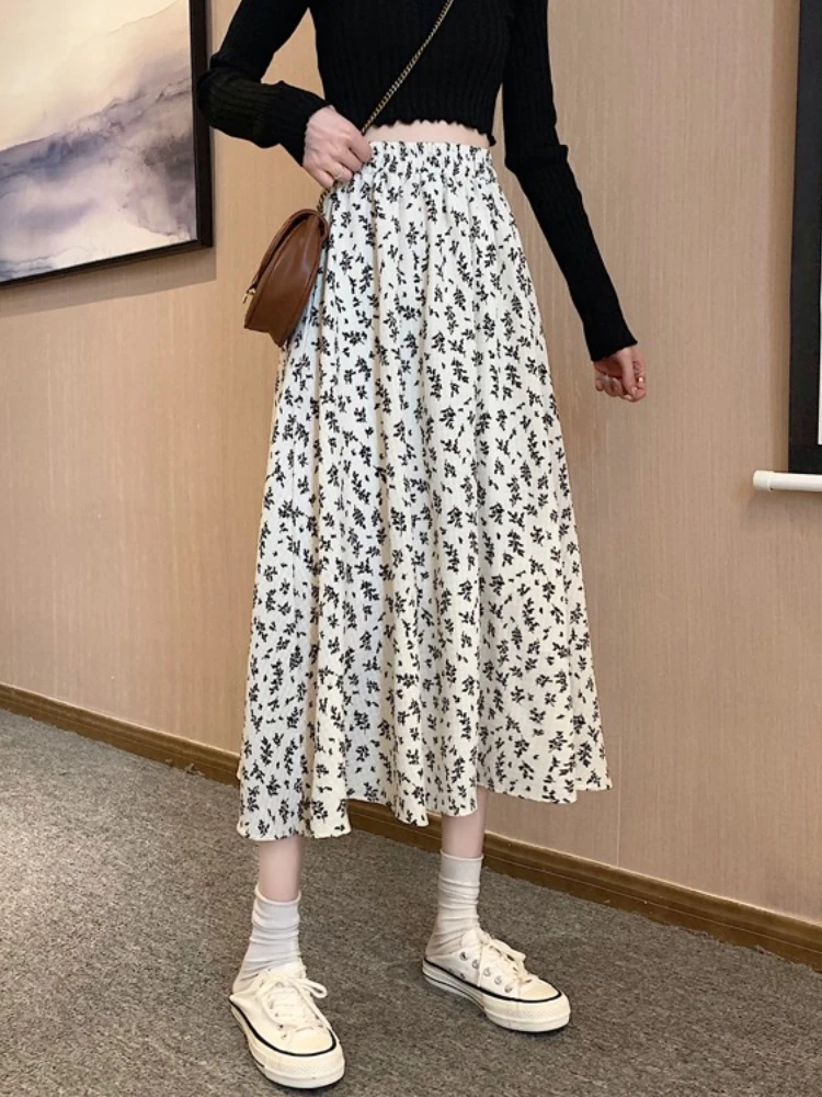 

Zjaiss 2026 Весна-Лето Новая женская юбка миди из шифона с цветочным принтом, с завышенной талией, А-силуэт