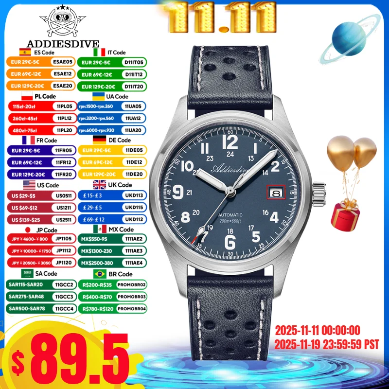 

ADDIESDIVE 39mm Watches For Men Leather BGW9 Super Luminous Sapphire Glass 20Bar Diving Vintage Automatic Mechanical Watch Reloj