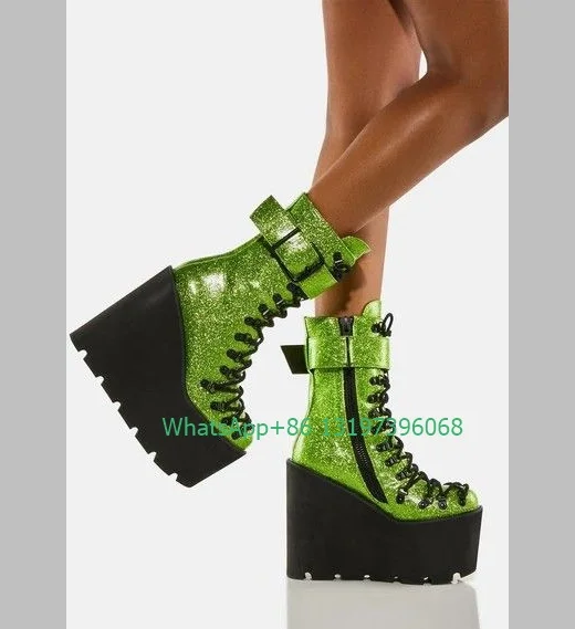 Lady green bling sequin design Y2K Mary Jane boots platform top claf height top boots buckle side zip boots shoes footwear size