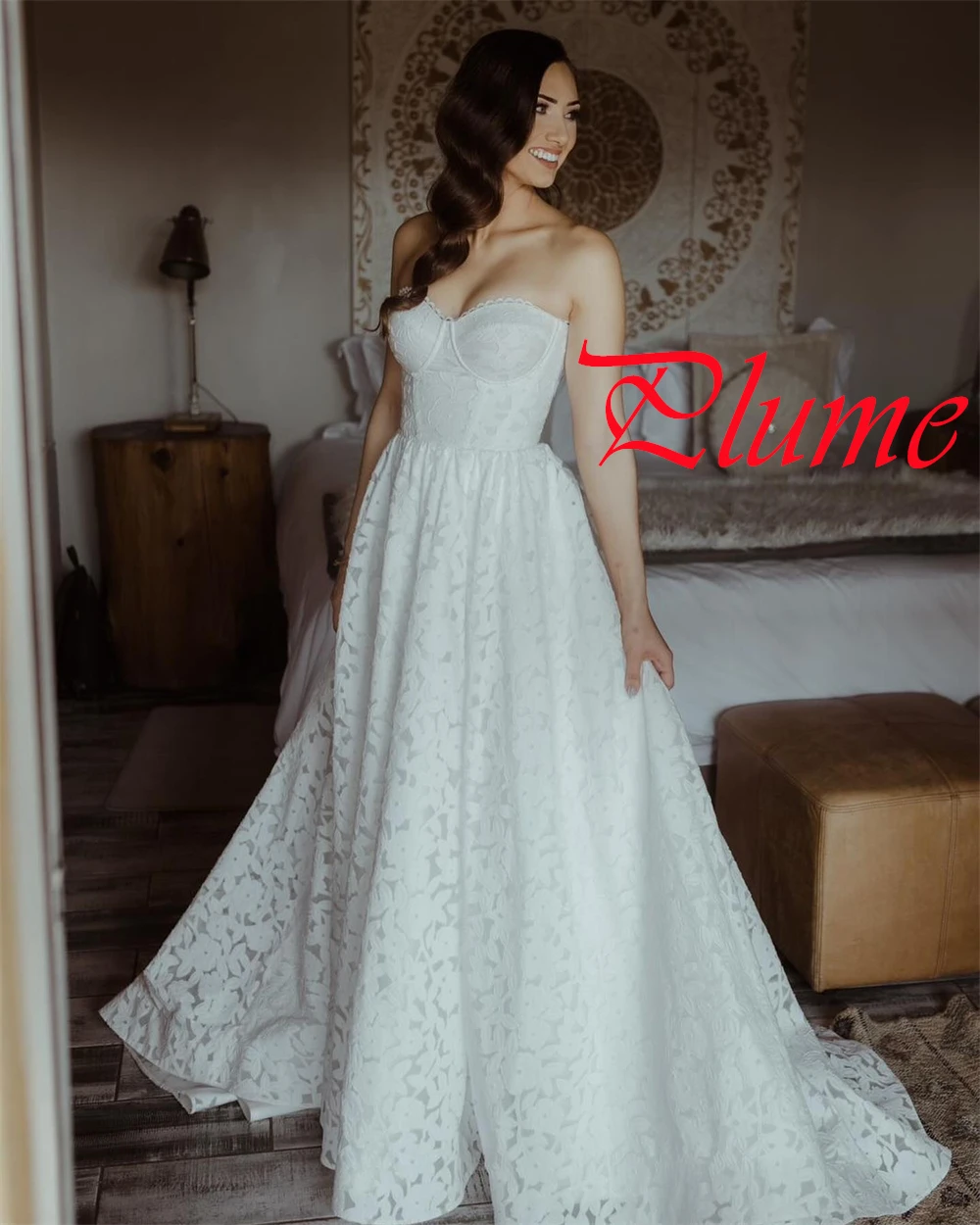 

Customized Exquisite White Lace Bridal Gowns Simple Strapless Off the Shoulder Short Sleeves Wedding Dress Chapel Train Dress