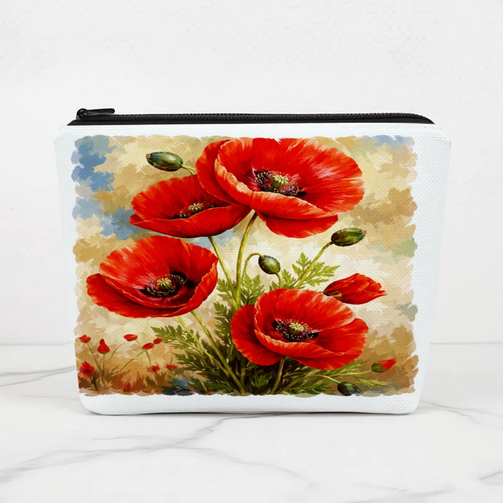 Red Poppies Floral Pattern Print Makeup Bags for Girls Cosmetic Pouch Toiletry Bag Pencil Case Travel Storage