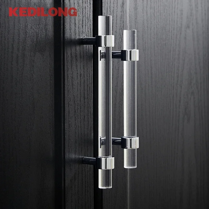 KEDLO Modern minimalist acrylic brass long handle furniture hardware cabinets gold transparent drawers silver T-handles