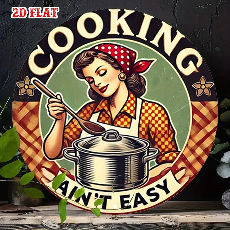 2D Flat - Vintage 2D Flat Round Aluminum Sign, Cooking Delight Metal Tin Sign - Rustic Kitchen Wisdom Wall Art, Culinary Charm M