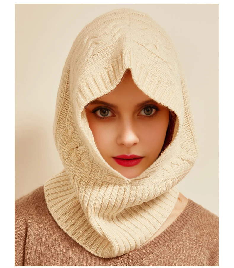 Unisex 100 % Wolle gestrickte Sturmhaube Winter Ohr Gesicht Hals schützen einteilige Schal Mütze weiche warme Kapuzenmützen Twist falscher Kragen – Detail 4