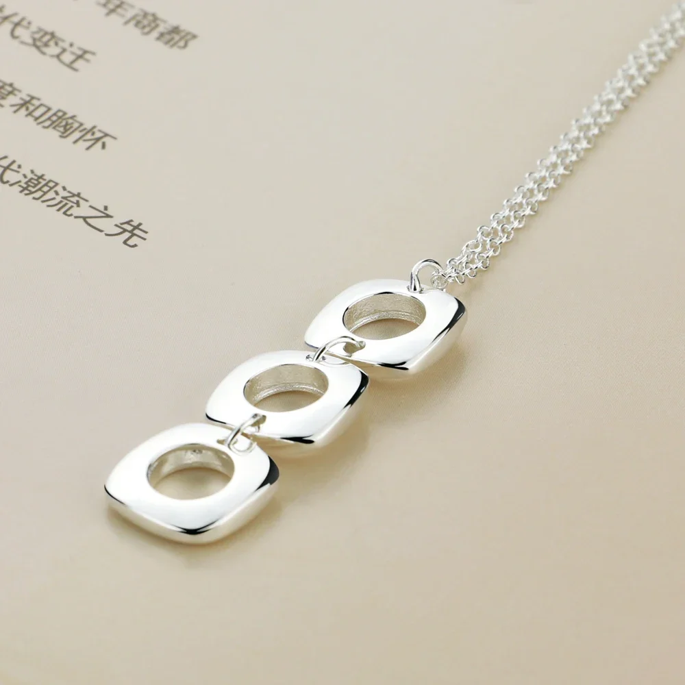 Korean Fashion 925 Sterling Silver Charms Three Square Pendant Necklace For Women Man Gifts Trend Party Streetwear Jewelry