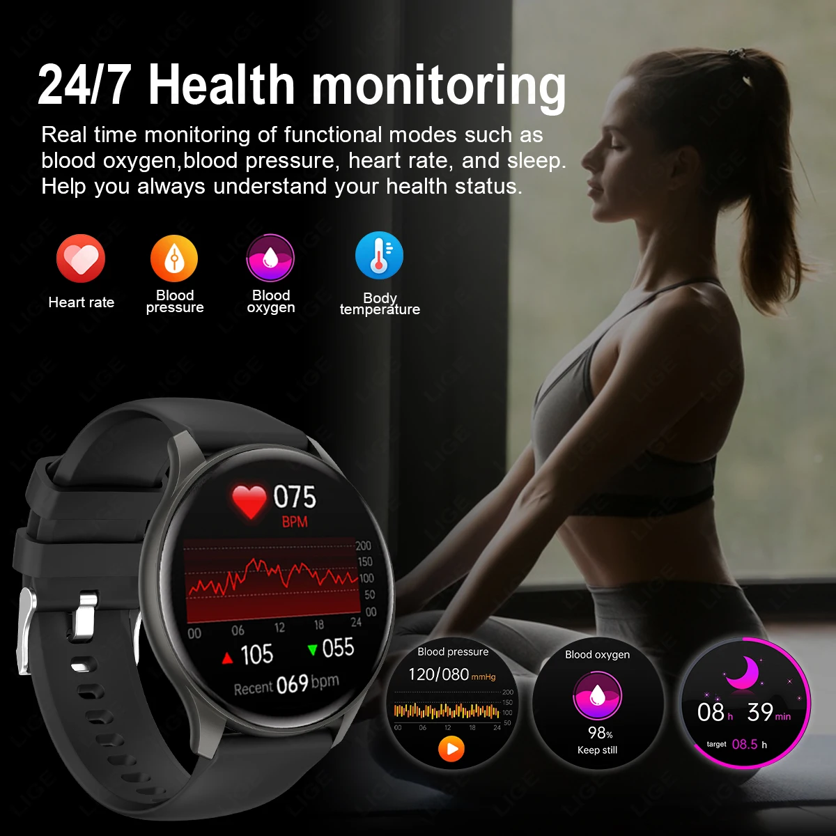 LIGE Smart Orologi Donna Uomo Bluetooth Connesso Telefono Musica Fitness Bracciale sportivo Monitoraggio del sonno Smartwatch per Android IOS