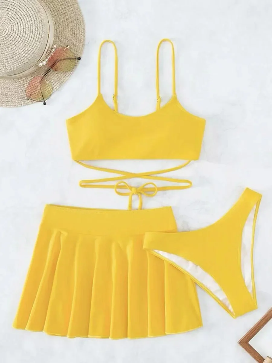 3 Pieces Thong Bikini 2024 Women Sexy Swimsuit & Beach Skirt Solid Yellow Swimwear Bathers Bathing Swimming Swim Suit Beachwear