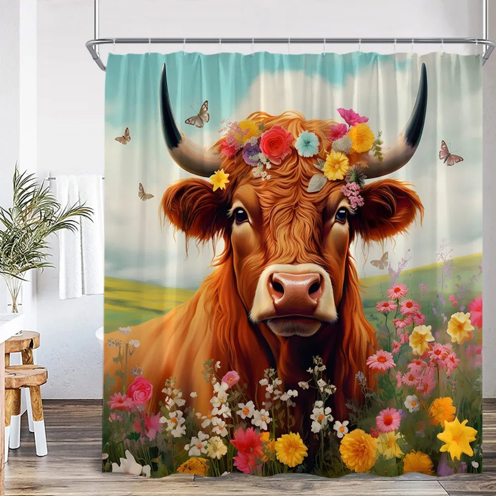 Highland Cow Shower Curtain Farmhouse Animal Bathing Cattle Calf in Bucket Bathroom Decor Vintage Polyester Bath Curtain Cloth