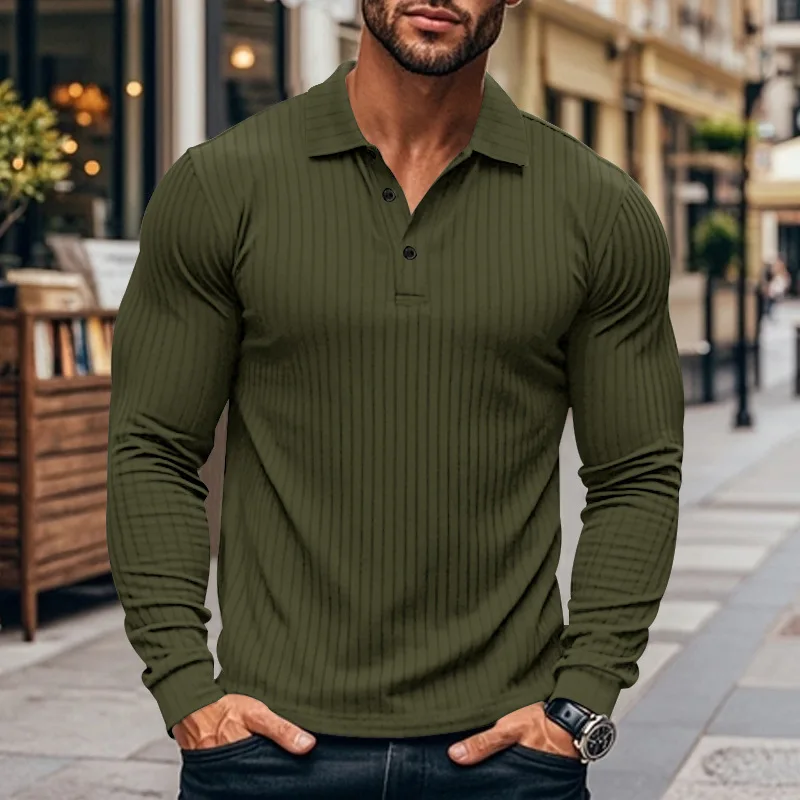 Cross-border autumn men\'s classic casual American lapel button-up long-sleeved T-shirt elastic pit strip polo shirt