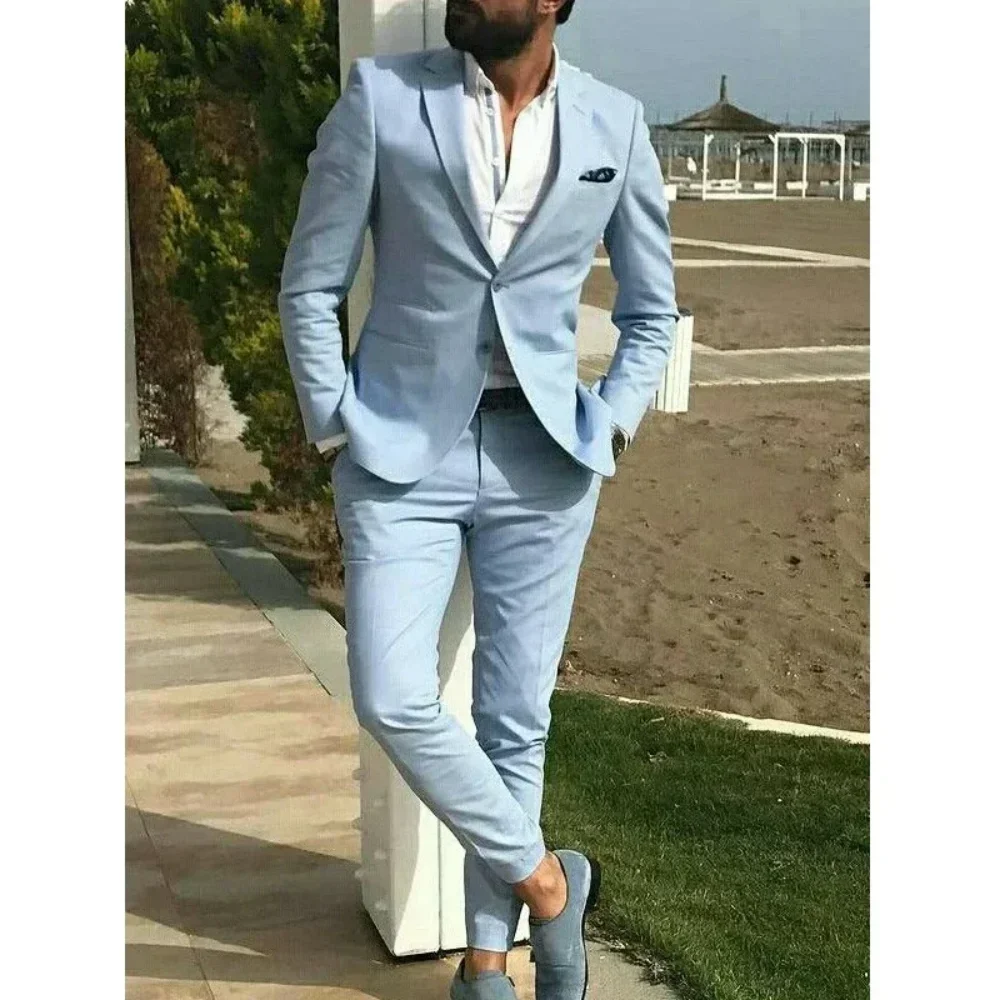 

Sky blue Men Suits2 Pieces Costume Homme Summer Beach Lapel Groomsmen Suits Solid Color Men Wedding Prom Suits Jacket+Pant