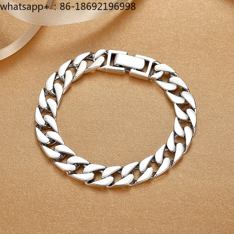 Cuban Silver Bracelet Men's S925 Sterling Silver Solid Simple Trend Hip Hop Versatile Jewelry