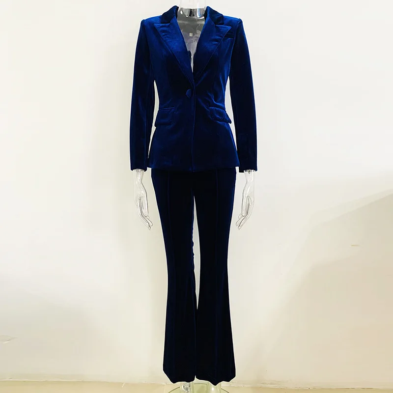 Gold Velvet Single Buckle Women Pants Suit Gorgeous V-Neck Suit Coat Flared Trousers Graceful Blue Red Long Sleeve Tops In Stock