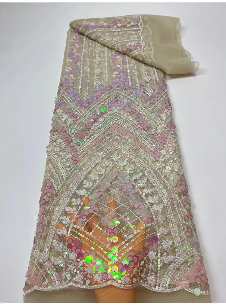 1ヤードの精巧なダイヤモンドスパンコール刺繍生地、新しいガーゼ生地、ウェディングドレス、チャイナドレス用の服地