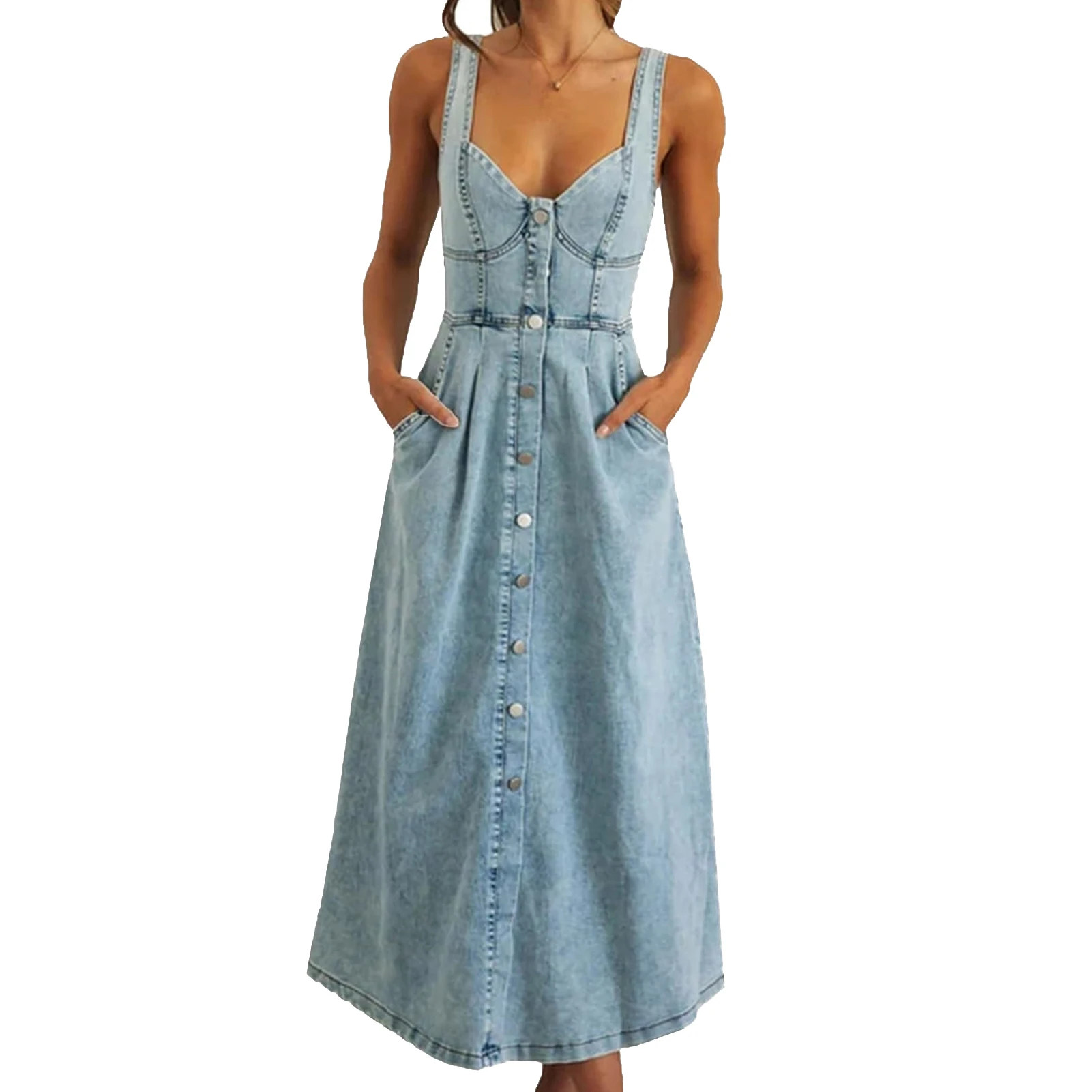 Women's 2023 Korean Fashion Summer Sleeveless Dress Women Stylish Casual Beach Tanks Vestido Denim Blue Party Sundress Sarafans